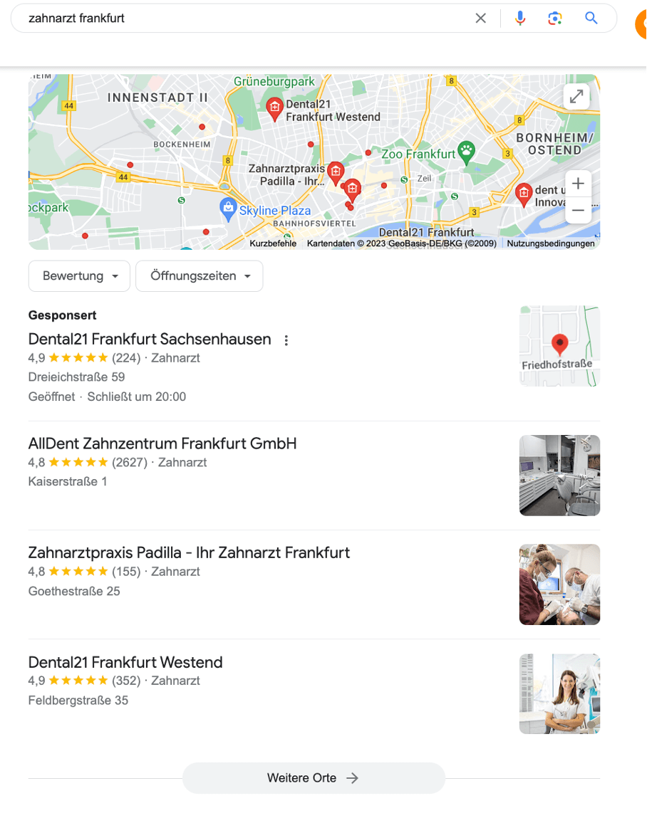Local Pack Ergebnisse SEO Zahnarzt